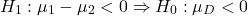 \[H_1: \mu_1-\mu_2 < 0 \Rightarrow H_0: \mu_D < 0\]