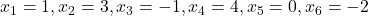 x_1 = 1, x_2 = 3, x_3 = -1, x_4 = 4, x_5 = 0, x_6 = -2