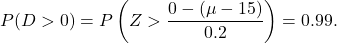 \[P(D > 0) = P\left(Z > \frac{0-(\mu-15)}{0.2}\right) = 0.99.\]