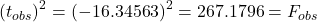 \[(t_{obs})^2 = (-16.34563)^2 = 267.1796 = F_{obs}\]