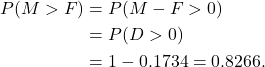 \begin{align*} P(M > F) &= P(M - F >0)\\ &= P(D >0)\\ &= 1-0.1734 = 0.8266. \end{align*}