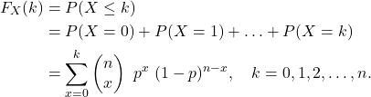 \begin{align*} F_X(k) &= P(X\le k)\\ &= P(X=0) + P(X=1) + \ldots + P(X=k)\\ &= \sum_{x=0}^k\begin{pmatrix} n\\ x \end{pmatrix}\ p^x\ (1-p)^{n-x}, \quad k=0,1,2,\ldots,n. \end{align*}