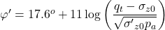 \varphi ' = {17.6^o} + 11\log \left( {\dfrac{{{q_t} - {\sigma _{z0}}}}{{\sqrt {{{\sigma '}_{z0}}{p_a}} }}} \right)