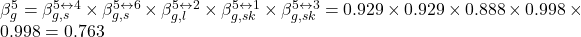 \beta _g^5 = \beta _{g,s}^{5 \leftrightarrow 4} \times \beta _{g,s}^{5 \leftrightarrow 6} \times \beta _{g,l}^{5 \leftrightarrow 2} \times \beta _{g,sk}^{5 \leftrightarrow 1} \times \beta _{g,sk}^{5 \leftrightarrow 3} = 0.929 \times 0.929 \times 0.888 \times 0.998 \times 0.998 = 0.763
