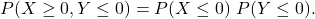 \[P(X\ge 0, Y \le 0) = P(X\le 0)\ P(Y \le 0).\]