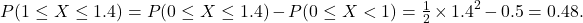 \[P(1\le X \le 1.4) = P(0 \le X \le 1.4) - P(0 \le X < 1) = \tfrac{1}{2}\times 1.4^2 - 0.5 = 0.48.\]