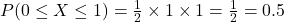 P(0 \le X \le 1) = \tfrac{1}{2} \times 1 \times 1 = \tfrac{1}{2} = 0.5