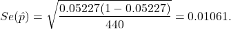 \[Se(\hat p) = \sqrt{\frac{0.05227(1-0.05227)}{440}} = 0.01061.\]