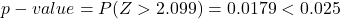 \[p-value = P(Z > 2.099) = 0.0179 < 0.025\]