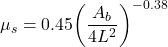 {\mu _s} = 0.45{\left( {\dfrac{{{A_b}}}{{4{L^2}}}} \right)^{ - 0.38}}