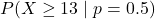 P(X\ge 13\mid p=0.5)