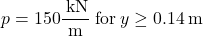 p = 150{\rm{ }}\dfrac{{{\rm{\:kN}}}}{{\rm{m}}}{\rm{ \: for \:}}y \ge 0.14{\rm{ \:m}}