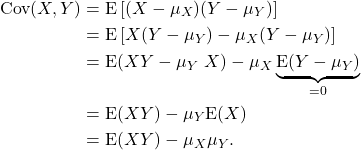 \begin{align*} {\rm Cov}(X,Y) &= {\rm E}\left[(X-\mu_X)(Y-\mu_Y)\right]\\ &= {\rm E}\left[X(Y-\mu_Y) - \mu_X(Y-\mu_Y)\right]\\ &= {\rm E}(XY-\mu_Y\ X) - \mu_X\underbrace{{\rm E}(Y-\mu_Y)}_{=0}\\ &= {\rm E}(XY) - \mu_Y{\rm E}(X)\\ &= {\rm E}(XY) - \mu_X \mu_Y. \end{align*}