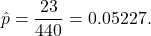 \[\hat p = \frac{23}{440} = 0.05227.\]