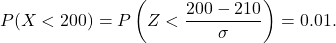 \[P(X < 200) = P\left(Z < \frac{200-210}{\sigma}\right) = 0.01.\]