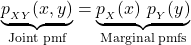 \[\underbrace{p_{_{XY}}(x,y)}_{\text{Joint pmf}} = \underbrace{p_{_X}(x)\ p_{_Y}(y)}_{\text{Marginal pmfs}}\]