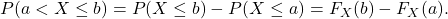 P(a  < X \le b) = P(X \le b) -  P(X \le a) = F_X(b) - F_X(a).