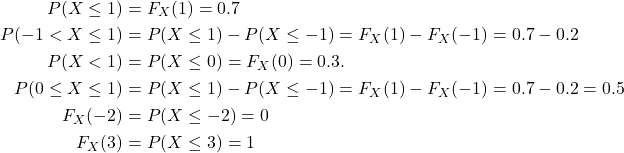 \begin{align*} P(X \le 1) &= F_X(1) = 0.7\\ P(-1 < X \le 1) &= P(X \le 1) - P(X \le -1) = F_X(1) - F_X(-1) =0.7 - 0.2\\ P(X<1) &= P(X \le 0) = F_X(0) = 0.3.\\ P(0 \le X \le 1) &= P(X \le 1) - P(X \le -1) = F_X(1) - F_X(-1) = 0.7 - 0.2 =0.5\\ F_X(-2) &= P(X \le -2) = 0\\ F_X(3) &= P(X \le 3) = 1 \end{align*}