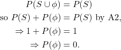 \begin{align*} P(S\cup \phi) &= P(S)\\ {\rm so\ } P(S) + P(\phi) &= P(S) {\rm\ by\ A2,}\\ \Rightarrow 1 + P(\phi) &= 1\\ \Rightarrow P(\phi) &= 0. \end{align*}