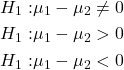 \begin{align*} H_1:& \mu_1 - \mu_2 \ne 0\\ H_1:& \mu_1 - \mu_2 > 0\\ H_1:& \mu_1 - \mu_2 < 0 \end{align*}