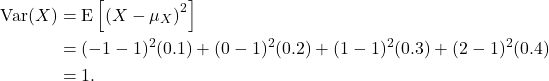 \begin{align*} {\rm Var}(X) &= {\rm E}\left[\left(X-\mu_X\right)^2\right]\\ &= (-1-1)^2(0.1) + (0-1)^2(0.2) +(1-1)^2(0.3) +(2-1)^2(0.4)\\ &= 1. \end{align*}