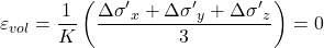 {\varepsilon _{vol}} = \dfrac{1}{K}\left( {\dfrac{{\Delta {{\sigma '}_x} + \Delta {{\sigma '}_y} + \Delta {{\sigma '}_z}}}{3}} \right) = 0