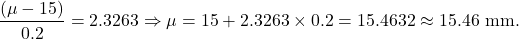 \[\frac{(\mu-15)}{0.2} = 2.3263 \Rightarrow \mu = 15 + 2.3263 \times 0.2 = 15.4632 \approx 15.46 {\rm\ mm.}\]