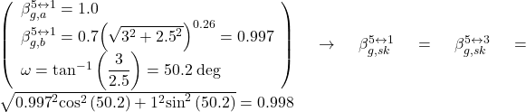 \left( \begin{array}{l}\beta _{g,a}^{5 \leftrightarrow 1} = 1.0\\\beta _{g,b}^{5 \leftrightarrow 1} = 0.7{\left( {\sqrt {{3^2} + {{2.5}^2}} } \right)^{0.26}} = 0.997\\\omega = {\tan ^{ - 1}}\left( {\dfrac{3}{{2.5}}} \right) = 50.2{\rm{ \:deg}}\end{array} \right) \to \beta _{g,sk}^{5 \leftrightarrow 1} = \beta _{g,sk}^{5 \leftrightarrow 3} = \sqrt {{{0.997}^2}{{\cos }^2}\left( {50.2} \right) + {1^2}{{\sin }^2}\left( {50.2} \right)} = 0.998