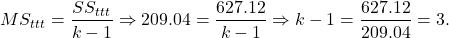 \[MS_{ttt} = \frac{SS_{ttt}}{k-1} \Rightarrow 209.04 = \frac{627.12}{k-1} \Rightarrow k-1 = \frac{627.12}{209.04} = 3.\]