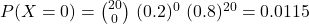 P(X = 0) = \binom{20}{0}\ (0.2)^0\ (0.8)^{20} = 0.0115