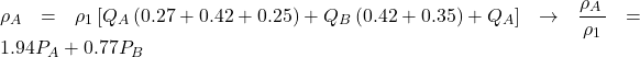 {\rho _A} = {\rho _1}\left[ {{Q_A}\left( {0.27 + 0.42 + 0.25} \right) + {Q_B}\left( {0.42 + 0.35} \right) + {Q_A}} \right] \to \dfrac{{{\rho _A}\,}}{{{\rho _1}}} = 1.94{P_A} + 0.77{P_B}