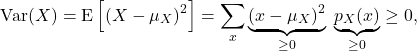 \[{\rm Var}(X) = {\rm E}\left[\left(X-\mu_X\right)^2\right] = \sum_x \underbrace{\left(x-\mu_X\right)^2}_{\ge 0}\ \underbrace{p_X(x)}_{\ge 0} \ge 0,\]