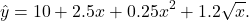 \[\hat y = 10 + 2.5 x + 0.25 x^2 + 1.2 \sqrt{x}.\]