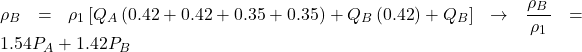 {\rho _B} = {\rho _1}\left[ {{Q_A}\left( {0.42 + 0.42 + 0.35 + 0.35} \right) + {Q_B}\left( {0.42} \right) + {Q_B}} \right] \to \dfrac{{{\rho _B}\,}}{{{\rho _1}}} = 1.54{P_A} + 1.42{P_B}