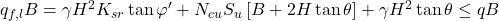 {q_{f,l}}B = \gamma {H^2}{K_{sr}}\tan \varphi ' + {N_{cu}}{S_u}\left[ {B + 2H\tan \theta } \right] + \gamma {H^2}\tan \theta \le qB