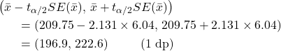 \begin{eqnarray*} \lefteqn{\left ( \bar x - t_{\alpha/2} SE(\bar x), \, \bar x + t_{\alpha/2} SE(\bar x) \right ) }\\ & & = \left (209.75 - 2.131 \times 6.04, \, 209.75 + 2.131 \times 6.04 \right )\\ & & = ( 196.9 ,\, 222.6 ) \hspace{10mm} \mbox{(1 dp)} \end{eqnarray*}