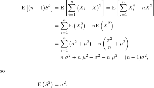 \begin{align*} {\rm E}\left[(n-1)S^2\right] &= {\rm E}\left[\sum_{i=1}^n \left(X_i-\overline X\right)^2\right]= {\rm E}\left[\sum_{i=1}^n X_i^2 - n{\overline X}^2\right]\\ &= \sum_{i=1}^n {\rm E}\left(X_i^2\right) -n{\rm E}\left({\overline X}^2 \right)\\ &= \sum_{i=1}^n \left(\sigma^2 + \mu^2\right) - n \left(\frac{\sigma^2}{n} + \mu^2\right)\\ &= n\ \sigma^2 + n\ \mu^2 - \sigma^2 - n\ \mu^2= (n-1)\sigma^2,\\ \intertext{so} {\rm E}\left(S^2\right) &= \sigma^2. \end{align*}