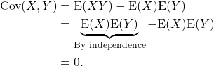 \begin{align*} {\rm Cov}(X,Y) &= {\rm E}(XY) - {\rm E}(X){\rm E}(Y)\\ &= \underbrace{{\rm E}(X){\rm E}(Y)}_{\text{By independence}} - {\rm E}(X){\rm E}(Y)\\ &= 0. \end{align*}