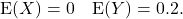 \[{\rm E}(X) = 0\quad {\rm E}(Y) = 0.2.\]