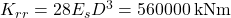{K_{rr}} = 28{E_s}{D^3} = 560000{\rm{ \:kNm}}