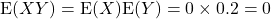 {\rm E}(XY) = {\rm E}(X){\rm E}(Y)= 0\times 0.2 = 0