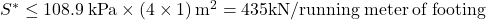 {S^ * } \le 108.9{\rm{\:kPa}} \times \left( {4 \times 1} \right){{\rm{m}}^{\rm{2}}} = 435{\rm{ kN}}/{\rm{running \:meter \:of \:footing}}