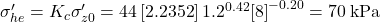 {\sigma '_{he}} = {K_c}{\sigma '_{z0}} = 44\left[ {2.2352} \right]{1.2^{0.42}}{\left[ 8 \right]^{ - 0.20}} = 70{\rm{ \:kPa}}
