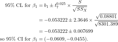 \begin{align*} 95\% \text{\ CL for\ } \beta_1 &= b_1 \pm t_{7}^{0.025} \times \frac{S}{\sqrt{SS_X}}\\ &= -0.053222 \pm 2.3646 \times \frac{\sqrt{0.08801}}{\sqrt{8301.389}}\\ &= -0.053222 \pm 0.007699\\ \text{so\ } 95\% \text{\ CI for\ } \beta_1 &= (-0.0609, -0.0455). \end{align*}