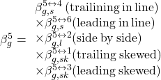 \beta _g^5 = \begin{array}{*{20}{l}}{\beta _{g,s}^{5 \leftrightarrow 4}{\rm{ }}\left( {{\rm{trailining\: in \:line}}} \right)}\\{ \times \beta _{g,s}^{5 \leftrightarrow 6}{\rm{ (leading \:in \:line)}}}\\{ \times \beta _{g,l}^{5 \leftrightarrow 2}{\rm{ (side \:by \:side)}}}\\{ \times \beta _{g,sk}^{5 \leftrightarrow 1}{\rm{ (trailing \:skewed)}}}\\{ \times \beta _{g,sk}^{5 \leftrightarrow 3}{\rm{(leading \:skewed)}}}\end{array}