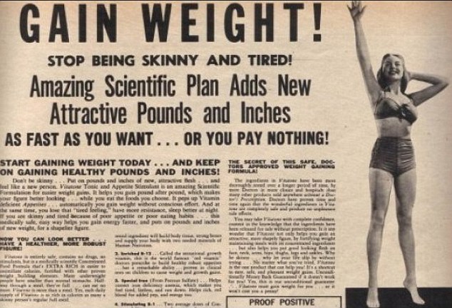 A vintage black-and-white advertisement titled “GAIN WEIGHT!” in large bold letters.