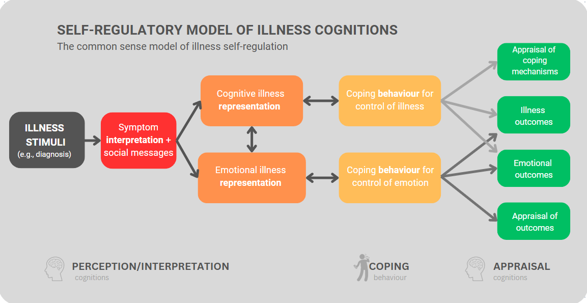 Flowchart titled “Self-Regulatory Model of Illness Cognitions” showing how people process illness.