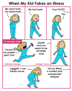 A comic humorously depicts a child pretending to be sick.