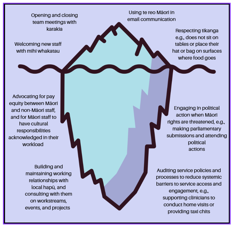 Iceberg tip of visible aspects of cultural safety and larger base with invisible aspects.