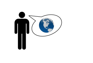 A pictogram of a person with a speech bubble, within which is an image of the Earth.